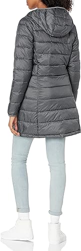 Alt text: Stylish navy Hooded Puffer Jacket with quilted pattern, 2-way zipper, and water-resistant polyester fabric for winter fashion and comfort