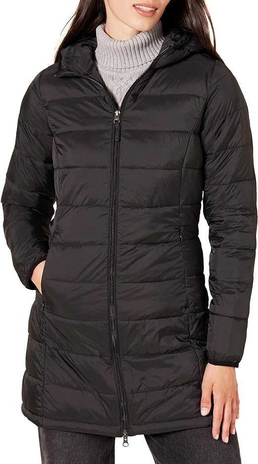 Alt text: Stylish navy Hooded Puffer Jacket with quilted pattern, 2-way zipper, and water-resistant polyester fabric for winter fashion and comfort.